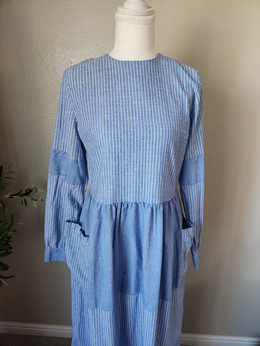 Women's Light Blue Pinstripe Long Sleeve Maxi Dress - Picture 3 of 8